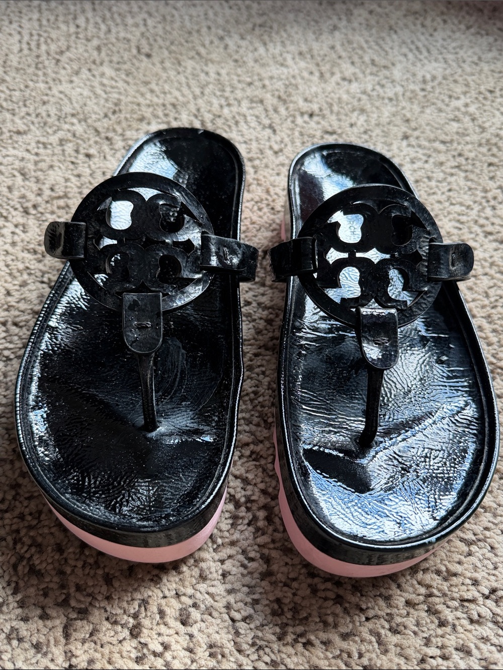 Tory Burch Black Patent Logo Thong Sandals with Pink Midsole